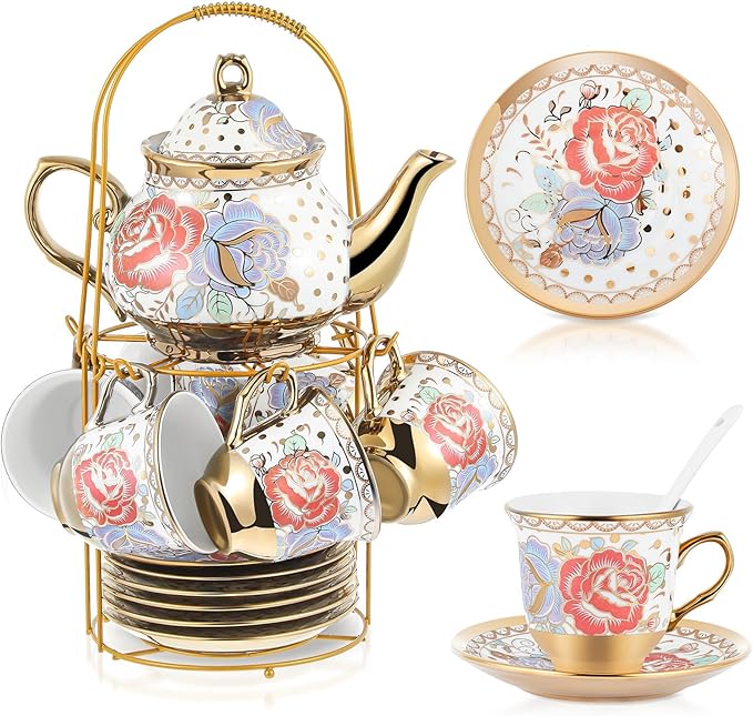 Zhehao 20 Pcs Porcelain Tea Set with Metal Holder and Spoon Adult Ceramic Tea Set European Flower Painting Teapot Cup Saucer Spoon for Women Mom Gift, Large Version (Romantic Style)