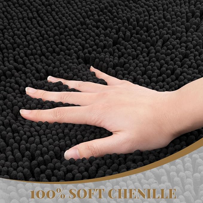 Bathroom Rugs Mat 48 x 36, Thick Soft Absorbent Chenille Bath Rugs, Rubber Backing Bath Mats for Bathroom Floor, Tub, Shower, Bedroom, Home Decor Accessories, Quick Dry Machine Washable, Black
