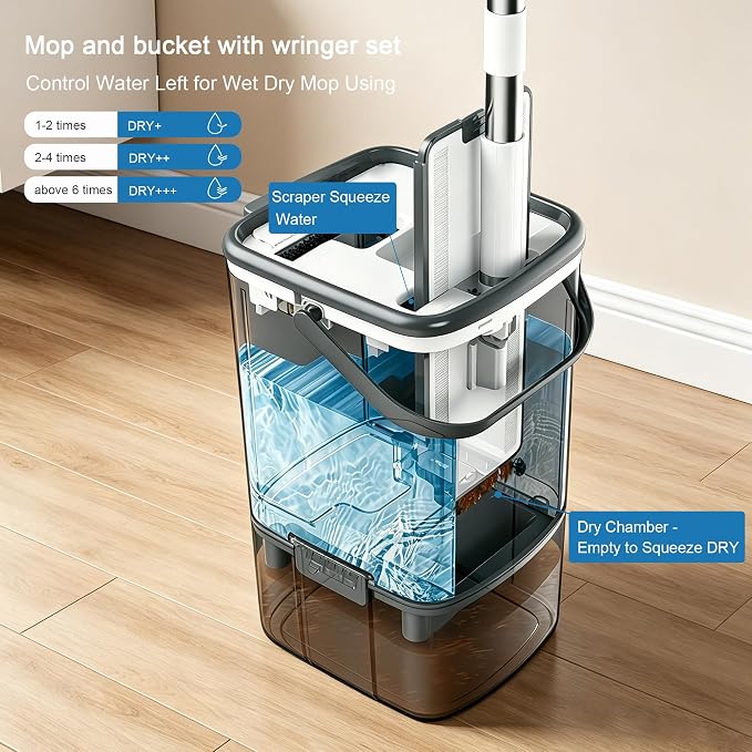 Flat Mop and Bucket System with Wringer Set, Wet Dry Separation Mop and Bucket Set for Hardwood, Vinyl Tile Floor, Wall Cleaner Mop for Household&Commercial Cleaning (Grey)