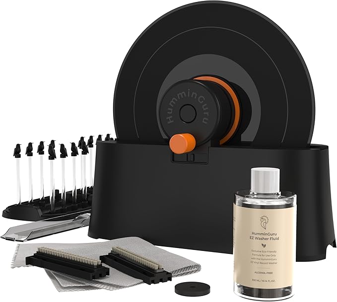 HumminGuru EZ Record Washer, Manual Vinyl Record Cleaner Machine with Easy Spin & Watertight Label Clamp, Record Cleaning Kit with Gentle Goat-Hair Brushes, Alcohol-Free LP Fluid, Drying Rack & Cloth