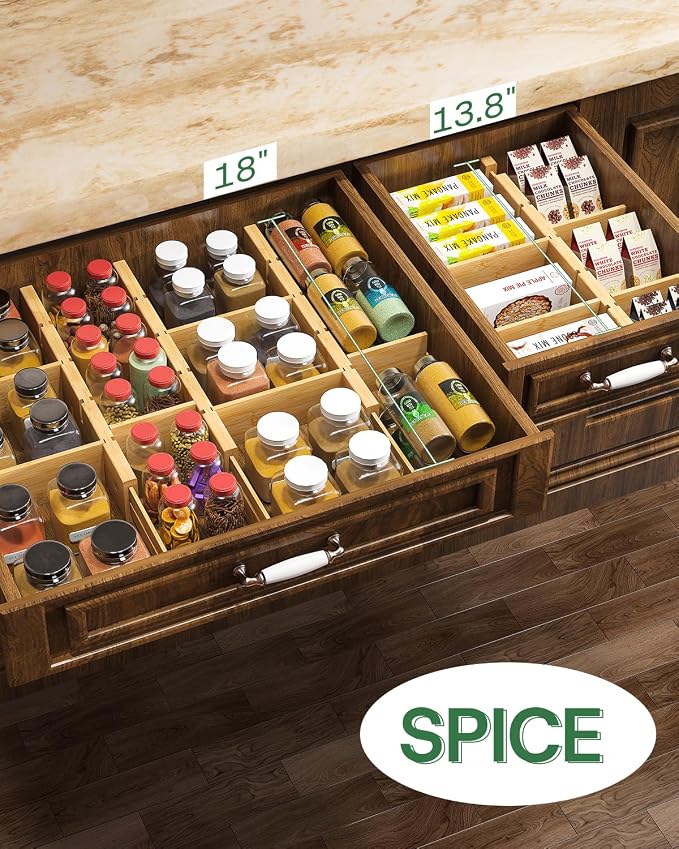 kiplant Bamboo Drawer Dividers - Adjustable Drawer Dividers for Kitchen, Clothes, Closet & Office - 8 Pack with Inserts, 13.8-18.8 Inches, Non-Slip Silicone Ends