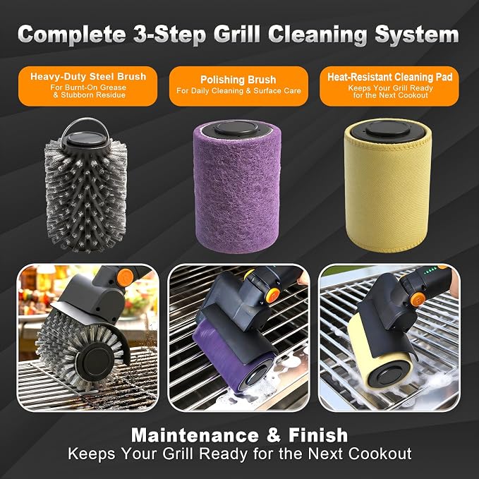 Upgraded Electric Grill Brush - Extreme 50kg Torque Power Grill Brush, 7.4V Motor, Safe for All Grills, SUS304 Anti-Shedding Bristle, with Heat Resistant Mat & Polishing Pad, for Fathers Day