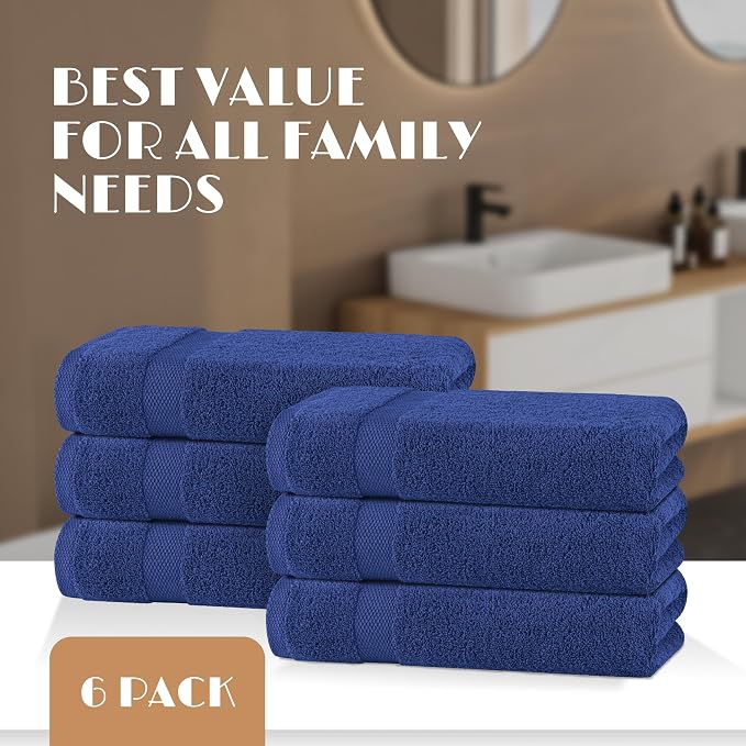 White Classic Wealuxe Navy Blue Bath Towels 24x50 Inch, Cotton Towel Set for Bathroom, Hotel, Gym, Spa, Soft Extra Absorbent Quick Dry 6 Pack