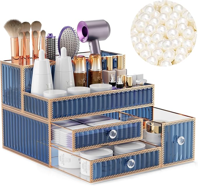 Youdepot Makeup Organizer Blue - Tempered Glass Vanity Organizer for Cosmetics, Skincare, Hair Tools, Brushes, Perfume - Multipurpose Bathroom Counter Skincare Organizer
