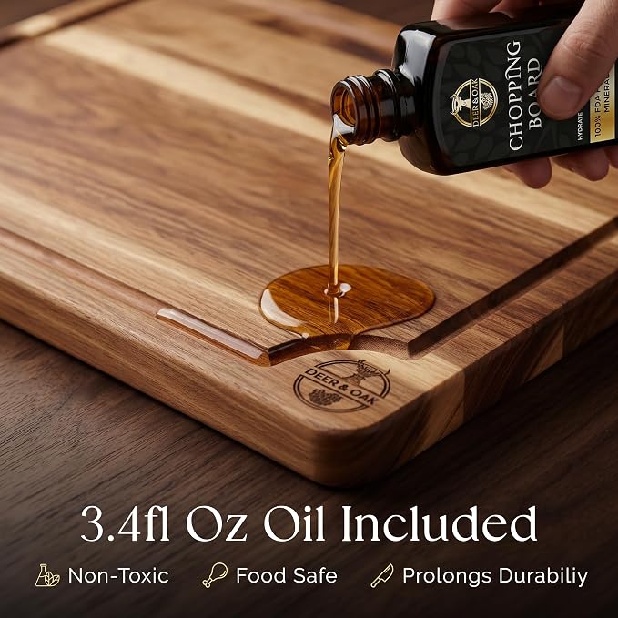Pre-Oiled, Non Toxic 3-Piece Acacia Cutting Board Set with Stand | 15.7 x 11.8 in, 13 x 9.4 in, 10.2 x 7.1 in · FSC certified · Includes 3.4 fl oz oil · Deer & Oak