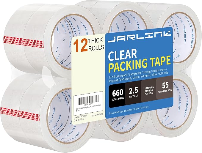 JARLINK 12 Rolls Clear Packing Tape, Heavy Duty Packaging Tape | 1.88 Inches Wide and 55 Yards per Roll, 660 Total Yards. Value Bulk Pack Clear Box Sealing Tape for Shipping.