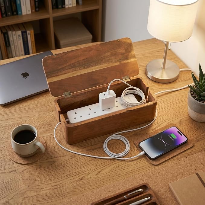 Cable Management Box – Power Strip Organizer – Desk Cord Organizer to Hide Wires & Chargers – Cable Storage Box for Home, Office Desk & Floor Cable Organization (Natural)