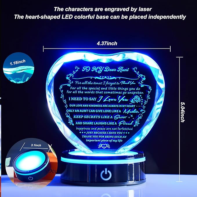 Gifts for Aunt, Auntie Gift Ideas, Heart-Shaped Crystal Keepsake with Light Base, Birthday, Thanksgiving Day, Christmas Gift for Aunt from Nephew, Best Aunt Ever Gifts