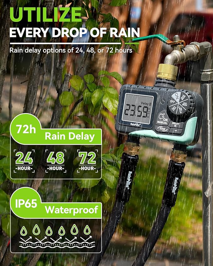 RAINPOINT 2 Zone Sprinkler Timer with Brass Inlet and Outlet - Water Timer for Garden Hose with Rain Delay/Manual Watering/Automatic Irrigation Controller System for Yard Lawn Garden(Blue)