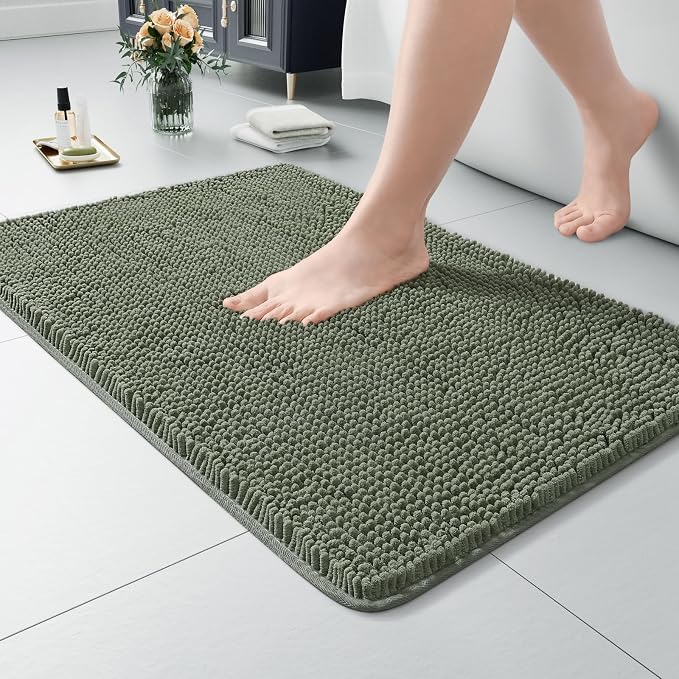LOCHAS Luxury Bathroom Rug Shaggy Bath Mat 24 x 17 Inch, Sage Green | Washable Non Slip Bath Rugs for Bathroom Shower, Soft Plush Chenille Absorbent Carpets
