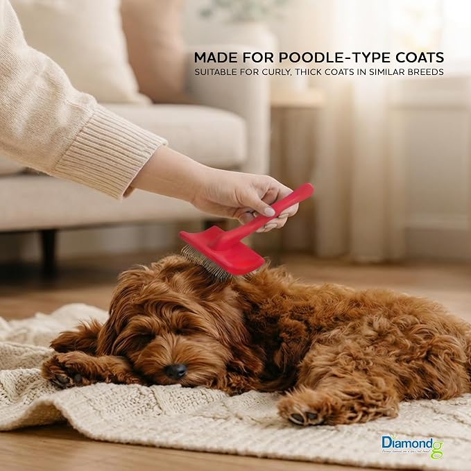 Diamondg Pet Slicker Brush for Dogs & Cats – Professional Grooming Brush for Shedding, Detangling & Coat Maintenance, Gentle Fine Wire Pins, Ergonomic Handle, Red