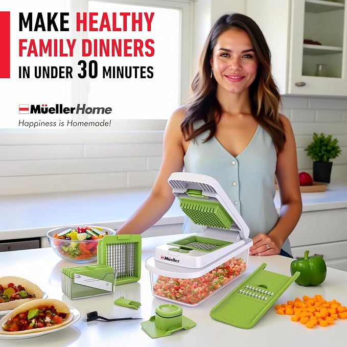 MUELLER HOME Pro-Series 10-in-1, 8 Blade Vegetable Chopper, Onion Mincer, Cutter, Dicer, Egg Slicer with Container, French Fry Cutter Potato Slicer, Home Essentials, Salad Chopper White Sand/Green
