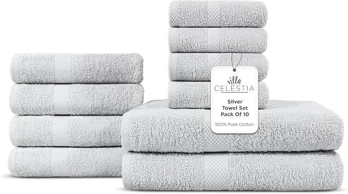 Villa Celestia 10-Piece 100% Cotton Towel Set, 2 Bath Towels, 4 Hand Towels, 4 Wash Cloth, Quick-Dry, Silver