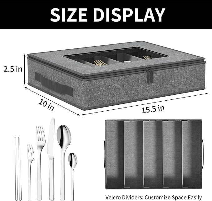 2-Pack Silverware Storage Box, Flatware Organizer with Clear Lid, Grey | Utensil Storage Case with Adjustable Dividers, Quilted, Stackable, Dual Zippers, Reinforced Handles for Moving and Storage