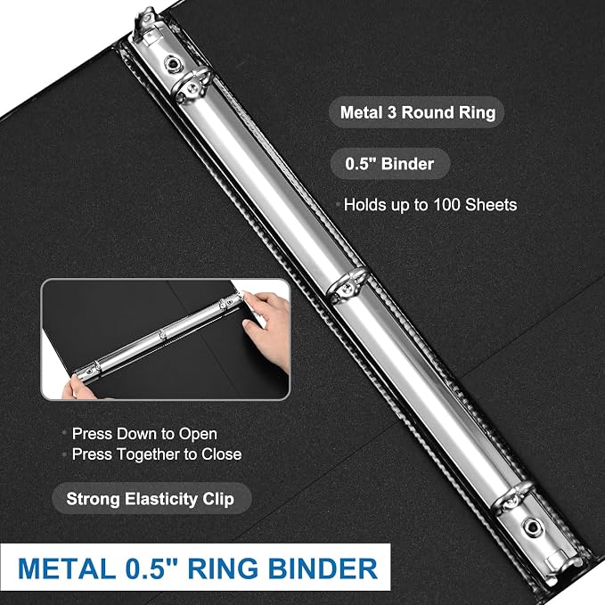 SUQJOY 0.5 Inch Black 3 Ring Binders 12 Pack, Slim Clear View Binder with 2 Interior Pockets, 1/2 Inch Round Ring Holds 100 Sheets of 8.5" x 11" Paper for School, Office, Meetings & Projects