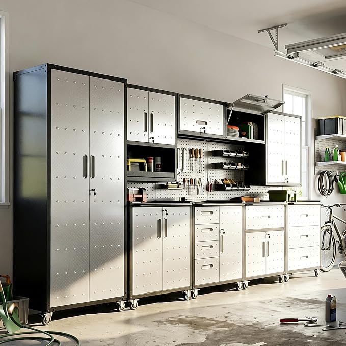 9-Piece Heavy Duty Steel Garage Cabinet System | All-in-One Modular Garage Cabinet Set for Ultimate Workshop Organization | Easy Assembly Garage Storage Cabinets & Tool Bench