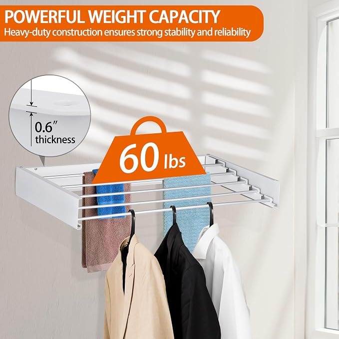 Laundry Drying Rack Wall Mounted Clothes Drying Rack White,23.6" | Collapsible Drying Rack With 4 Aluminum Rods and Drilling Template Long Screwdriver Bit 60 lbs Capacity