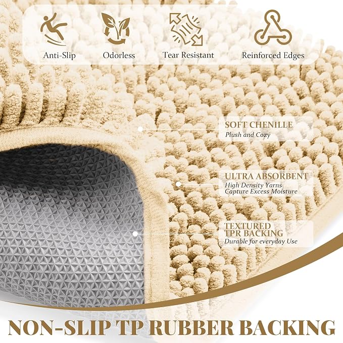 Bathroom Rugs Mat 48 x 24, Thick Soft Absorbent Chenille Bath Rugs, Rubber Backing Bath Mats for Bathroom Floor, Tub, Shower, Bedroom, Home Decor Accessories, Quick Dry Machine Washable, Beige
