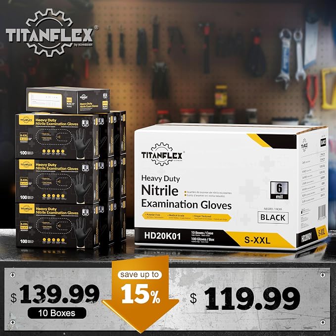 TitanFlex Disposable Nitrile Exam Gloves - 6-mil, Black, XL 1000-ct Box, Heavy Duty, Latex Free, Food Safe for Cooking & Food Prep