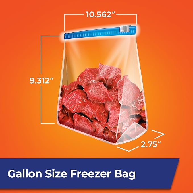 Hefty Slider 1 Gallon Freezer Bags, 56 Count, Gallon Slider Bags for Freezer, Holds Raw Meat, Soups, Prepped Fruits and Veggies, and More, Writable Label, Secure Zip and Click Closure