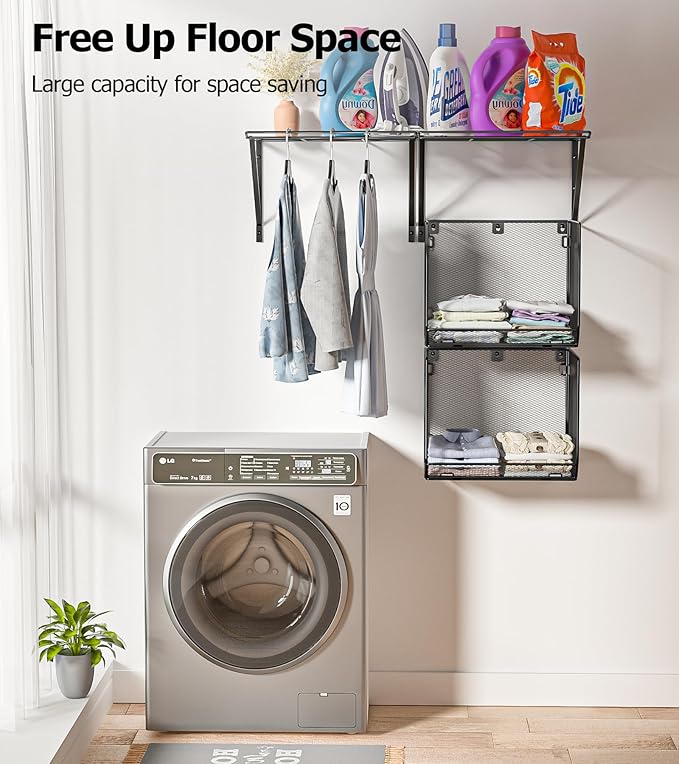 2 Pack Laundry Room Shelves Organization and Storage,Wall Mounted Clothes Drying Rack with Wire Mesh Basket Over Washer and Dryer, (Black, 2 Pack)