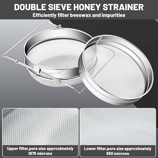 2 Sets Honey Strainer Stainless Steel Double Sieve Honey Filter Strainer Honey Extractor Equipment for 5 Gallon Bucket Bee Keeping Equipment Tools