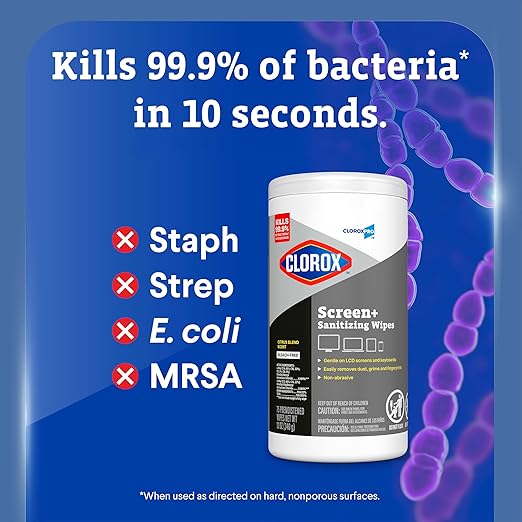 CloroxPro Clorox Screen+ Sanitizing Wipes, Disinfecting Wipes for Electronics, Gentle on Phones, Tablets, LCD Screens, Laptops and Sensitive Surfaces, Citrus Blend Scent, 1 Canister, 75 Wipes