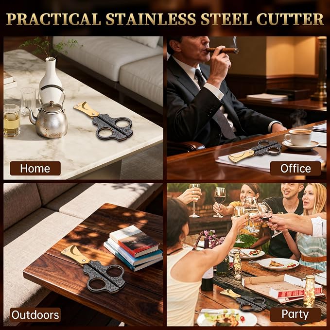 Cigar Scissors Cutter Stainless Steel Double Blade Guillotine Cutter Straight Cut Scissors with Leather Case(Black)