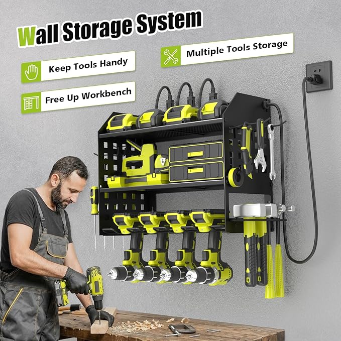 SUNALLY Power Tool Organizer Wall Mount with Charging Station,3 Layer Heavy Duty Metal Tool Storage Rack with 4 Drill Holders, Power Tool Shelf for Garage, Warehouse, Workshop, Gifts for Men, Husband