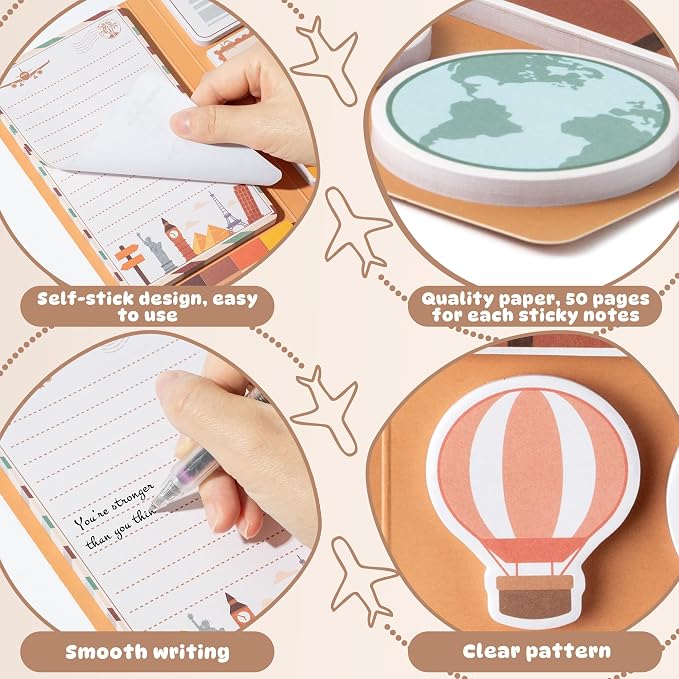 Xqumoi Let The Adventure Begin Sticky Notes Set - 550 Sheets - Travel Themed Self-Stick Notes Pads Divider Tabs Bundle Writing Memo Pads Journaling Planners Office Supplies Small Gift