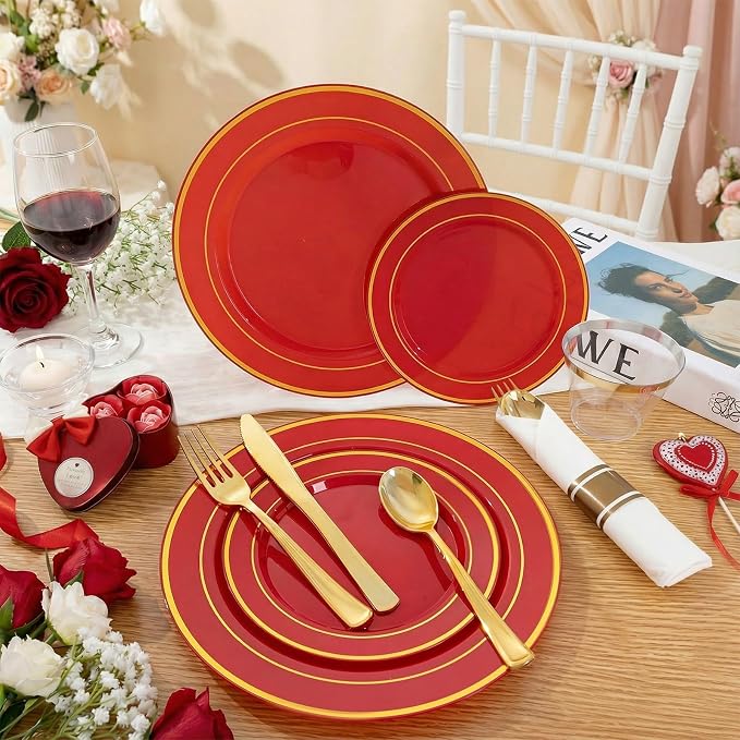WDF Partyware 175 Pieces Red Plastic Plates with Gold Rim Include Dinner Plate 10" Dessert Plate 7" gold Cups 9 OZ, Pre Rolled Napkins 25 of each type for Wedding/Party/Birthday