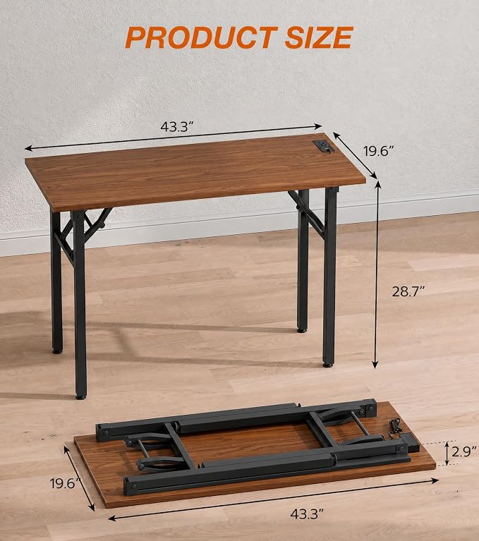 XBurmo Small Folding Desk Folding Table, No Assembly Foldable Desk Gaming Desk, 43.3-Inch Computer Table Workstation with 2 AC Outlets and 2 USB Ports for Bedroom and Home Office, Dark Walnut