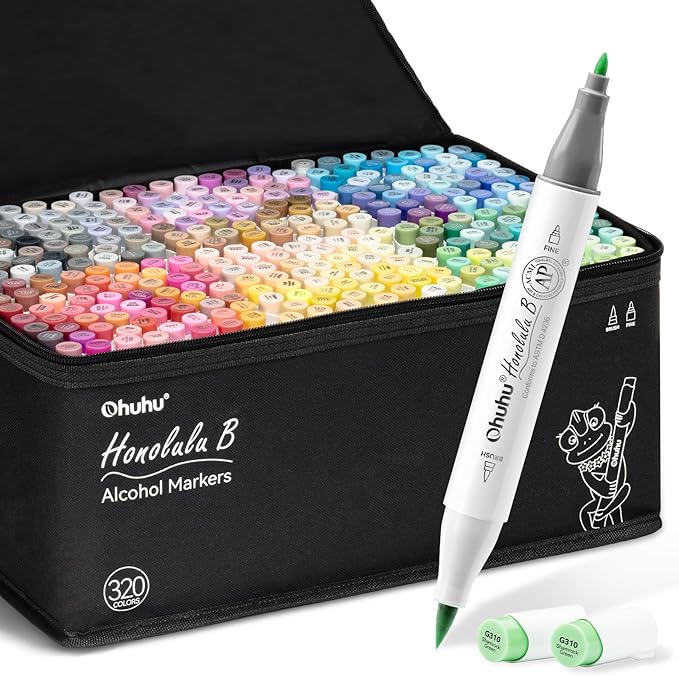 Ohuhu Refillable 320 Colors Alcohol Markers Brush Tip- Double Tipped Alcohol-based Art Sketch Marker Set for Artist Adults Coloring Illustration - Honolulu B of Ohuhu Markers -Brush & Fine Dual Tips