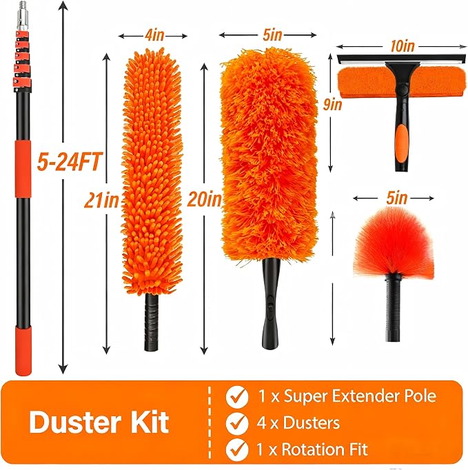 30FT High Reach Duster Cleaning Kit with 5-24 FT Extension Pole,High Ceiling Dusting and Window Cleaning Kit with Microfiber Feather Duster,Cobweb Duster,Ceiling Fan Duster,Window Squeegee Cleaner