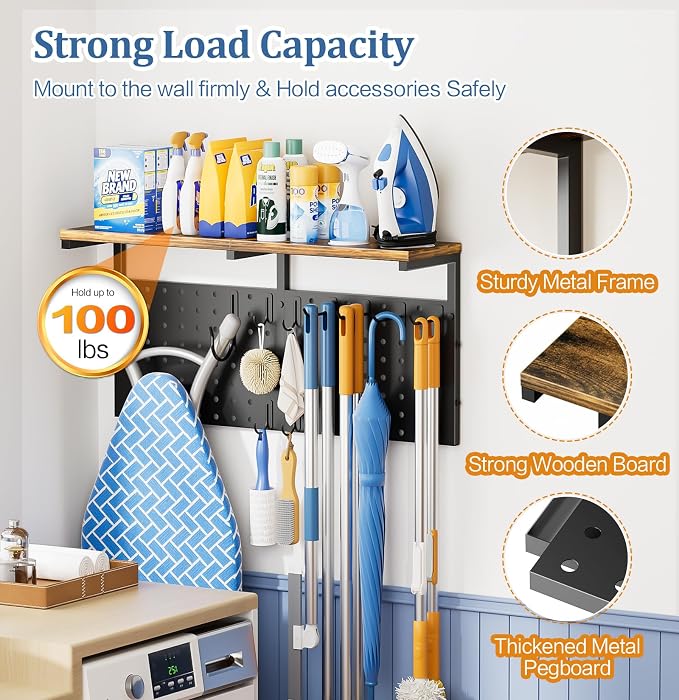 Ironing Board Hanger Wall Mount, Large Storage Iron and Ironing Board Holder, Laundry Room Storage Shelves with Ironing Board Broom Mop Holder, Laundry Accessories Organization and Storage Organizer