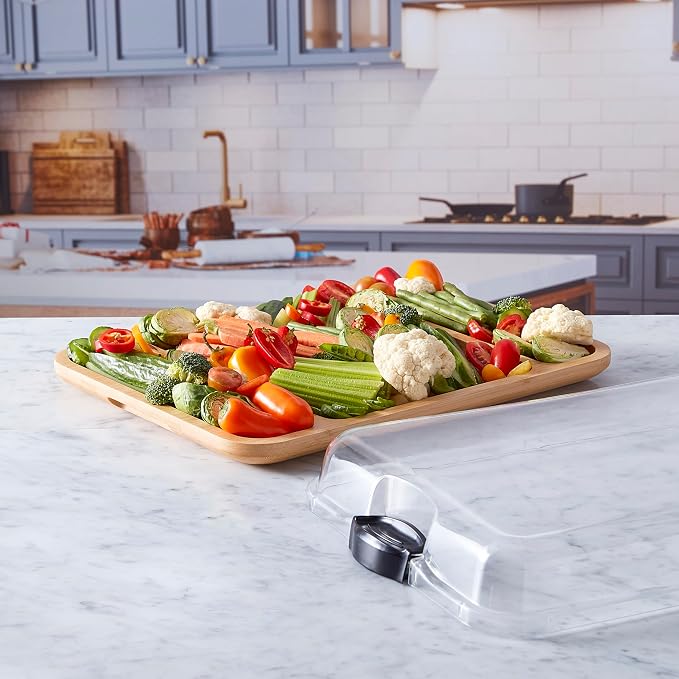 FARBERWARE Build-a-Board Cutting Board with Three Compartments and Clear Locking Lid for Charcuterie, Snacks, and More, Bamboo