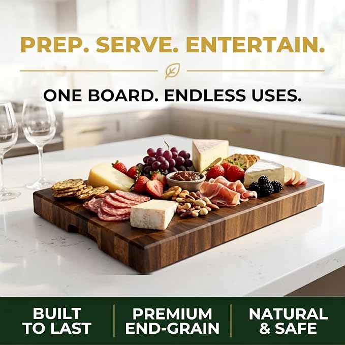 SHUMARU XL 20.5 × 14.2 × 2" End Grain Cutting Board, Professional Butcher Block, Thick Exotic Heartwood Chopping Block, Knife-Friendly, Maximum Work Space Side Handles & Non-Slip Feet