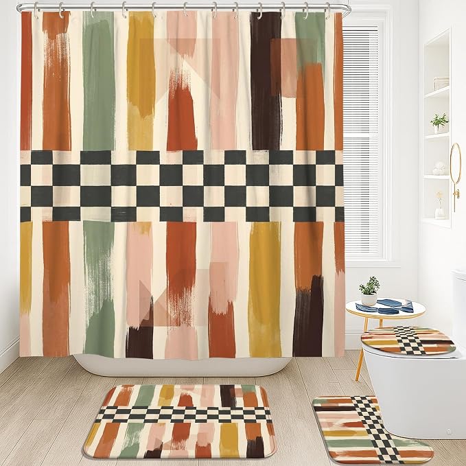 Brush Patterns Shower Curtain Sets, Modern Abstract Checkered Stripes Fall Earth Tones Polyester Waterproof Bathroom Shower Curtain and Bath Mat Set for Bath Bathtub Apartment Decor 72x72 Inch