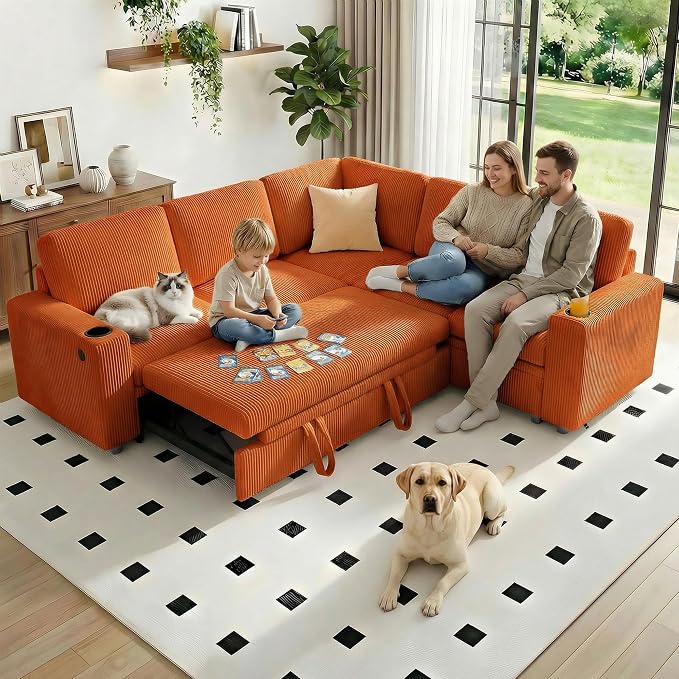 L-Shaped Sectional Sleeper Sofa with Pull Out Bed, Orange | Plush Corduroy Modular Couch with Storage, USB Charging, Cup Holders – Cozy Cloud Couches for Living Room, Easy Assembly