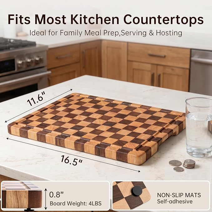 Cutting Boards for Kitchen, Checkered Cutting Board Upgraded, Acacia Wood Chopping Board with Juice Grooves & Handles, Large Butcher Block Serving Tray with Gift Box, 17"X12"X0.8"