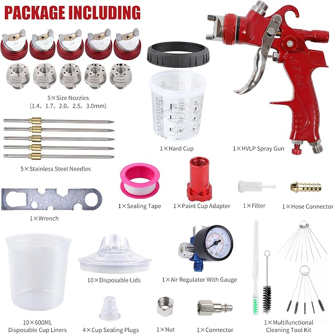 HVLP Paint Gun with 10 Disposable 600ML Paint Cups & 5 Nozzles | 1.4/1.7/2.0/2.5/3.0mm Nozzles Gravity Feed Spray Gun & Disposable Paint Cups for Automotive, Car Painting, Primer (Scarlet)