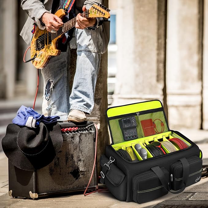 SNIGJAT DJ Bag, Large Capacity DJ Cable Bag with Detachable Hard Dividers | Gig Bag for Musicians with 6 Pockets for Extension Cords, Mics, Cable Organizer with Padded Shoulder Strap, DJ Accessories