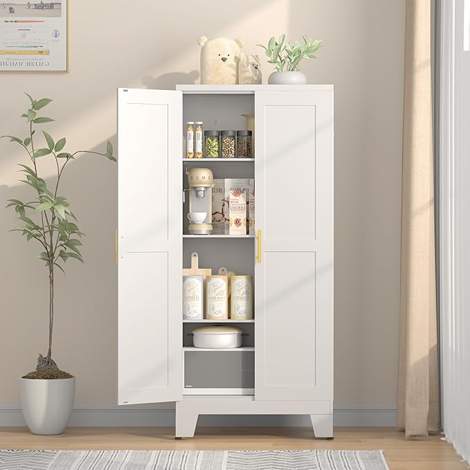GAIOUS 61.02" Pantry Cabinet, Kitchen Pantry Storage Cabinets with Adjustable Shelves and Feet, White Pantry Storage Cabinet for Kitchen, Dining Room, Living Room and Bathroom (White) Metal