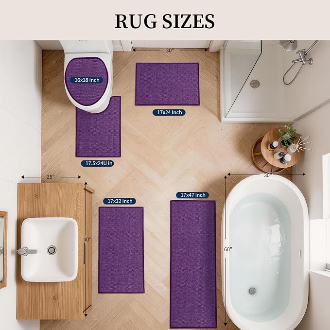 YIHOUSE Purple Bathroom Rugs Sets 5 Piece, Quick Dry Thin Bath Mat with Toilet Rug - Non Slip Absorbent Machine Washable - Bath Runner Rugs for Bathtub Sink Home Decor