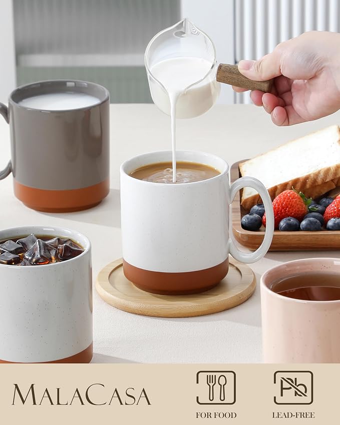 MALACASA 16oz Ceramic Coffee Mugs Set of 4, Stackable Coffee Cups with Straight-Sided Design, Mugs for Coffee, Latte, Tea, Hot Chocolate, Cappuccino and Cocoa, Microwave & Dishwasher Safe, Multicolor