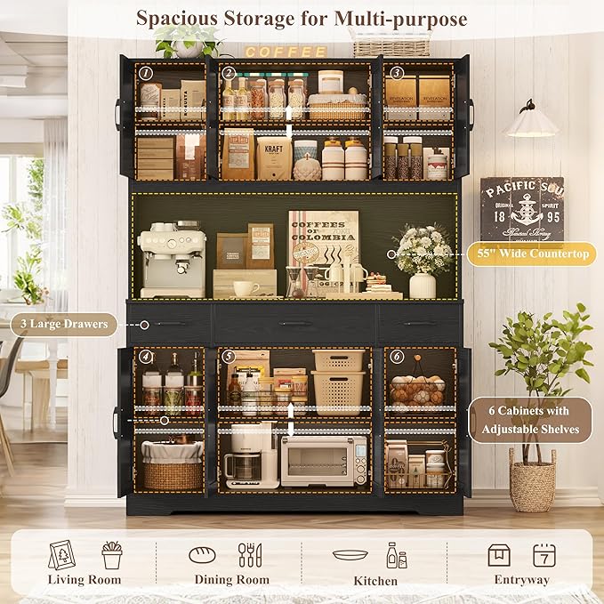 HOSTACK 71" H Kitchen Pantry Cabinet, 55" Kitchen Hutch, Black Wood Grain | Large Pantry Cabinet with Charging Station / Countertop / 3 Drawers, Farmhouse Hutch Cabinet with Storage for Dining Room