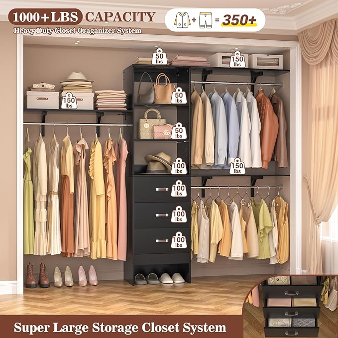 Armocity 96" Wood Closet System with 3 Enclosed Drawers & 3 Solid Shelves, 8FT Adjustable Closet Organizers and Storage, Heavy Duty Modular Wardrobe for Reach-In & Walk-In, 1000 LBS Load, Black