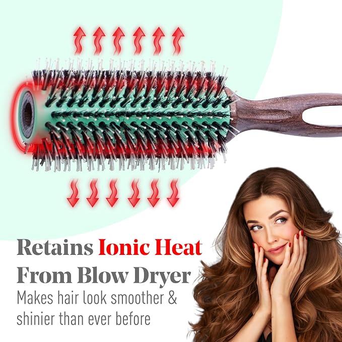 MINT Eco-Friendly Boar Bristle Round Brush for Blow Drying | Durable Blowout Styling for All Hair Types | Ceramic Round Brush with Hand-Crafted Wooden Handle (40 mm)
