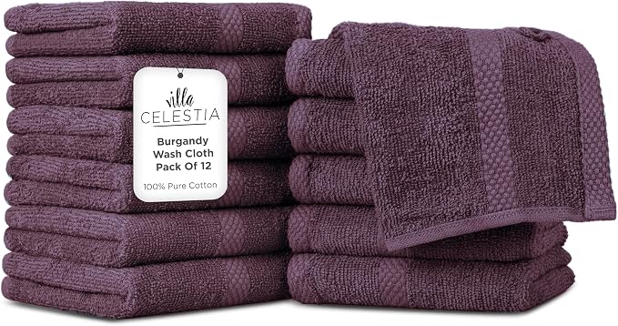 Villa Celestia Cotton Washcloths Set of 12, 12x12 Inch, 100% Ring-Spun Combed Cotton, Soft Absorbent Quick-Dry Wash Cloths for Face and Body, Oeko-TEX Certified, Hotel & Spa Quality, Burgandy