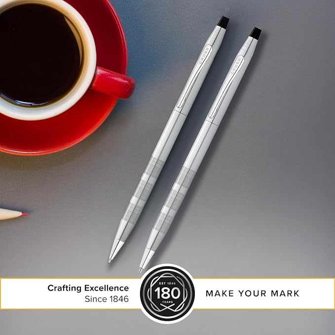 Cross Classic Century Refillable Pen & Pencil Gift Set Presented in a Luxury Gift Box - Medium Point, Black Ink, Satin Chrome